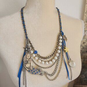 Vintage Betsey Johnson Rare Mermaid Bling Nautical Layered Chain Charm Necklace